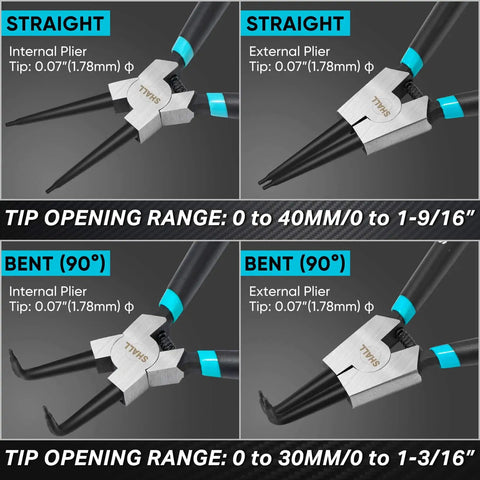 All In One Snap Ring Pliers Set, 7 Inch Internal External Circlip Pliers With Straight And 90 Degree Bent Tips, close-up view.