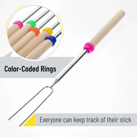Telescoping Stainless Steel Roasting Sticks 32 Inch 5 Pack Marshmallow Skewers With Wood Handles and color-coded rings