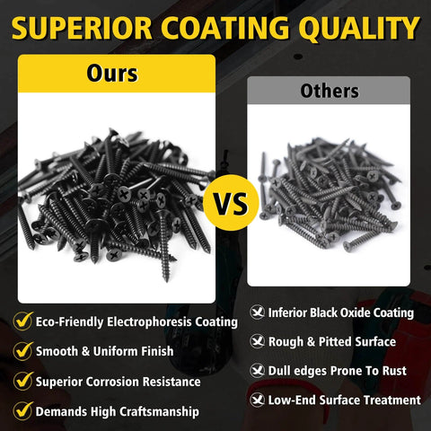 Comparison of our flat head Phillips wood screws with electrophoresis black finish and others with black oxide coating.