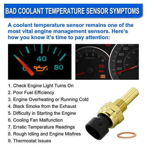 Engine coolant temperature sensor, brass body with black connector and copper washer; symptoms infographic and gauge images.