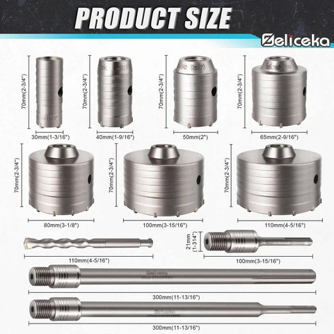 Pro Grade Heavy Duty Concrete Hole Saw Kit with Upgraded SDS Plus and Max Shanks, 30-110mm, various sizes with centering bits.