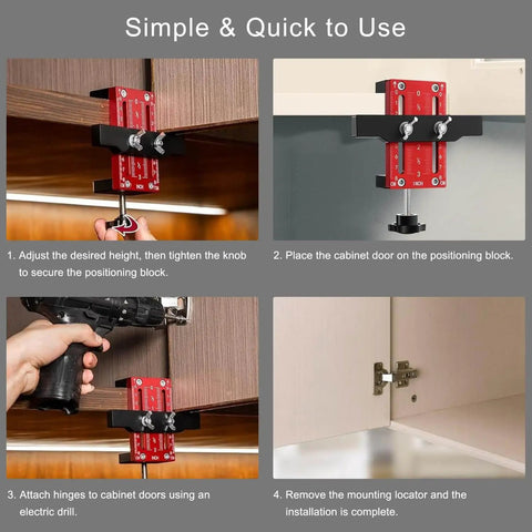 Four-step process of using an Effortless Cabinet Door Installation Positioner Jig With Locator Handle For Precise Door Alignment And Hinge Mounting.