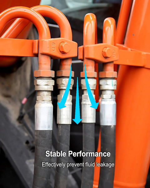 Hydraulic hose fittings, four 3/8 in with orange crimp clamps on black hoses (front view).