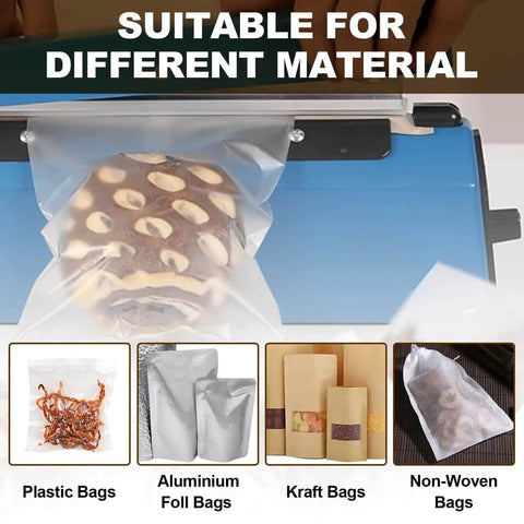 8 Inch Impulse Sealer Replacement Parts Kit sealing various bag types including plastic, foil, kraft, and non-woven bags.