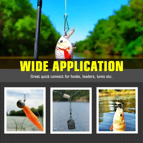 Line Connector Fishing Snap Kit in use with lure, featuring high-strength stainless snaps and swivels for saltwater and freshwater applications.