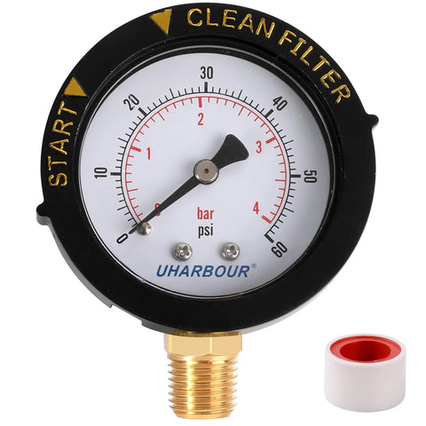 UHARBOUR pool filter pressure gauge with brass 1/4 inch NPT bottom mount and white adapter