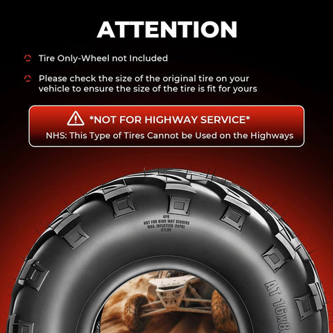 All Terrain Mud ATV UTV Tires 16x8-7 Set Of 2 Tubeless 4 Ply with Directional Tread, not for highway service warning.