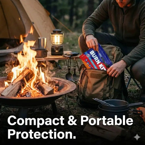 Man placing Complete 25 Piece Burn First Aid Kit With Hydrogel Dressings into backpack near campsite fire