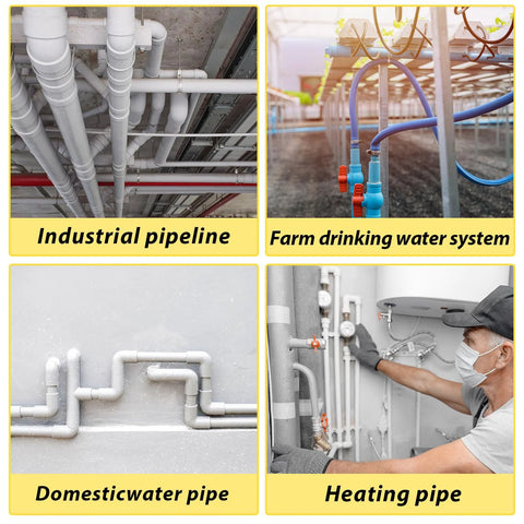 OWMOSYX 50-pack 1/2 in PEX clips, white plastic pipe clamps; collage of industrial, farm, domestic, and heating pipes.