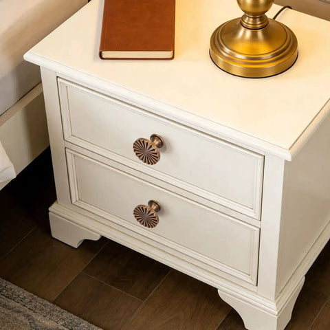 Antique Brass Cabinet Knobs Set 1.4 Inch Vintage Dresser Drawer Pulls on white bedside table
