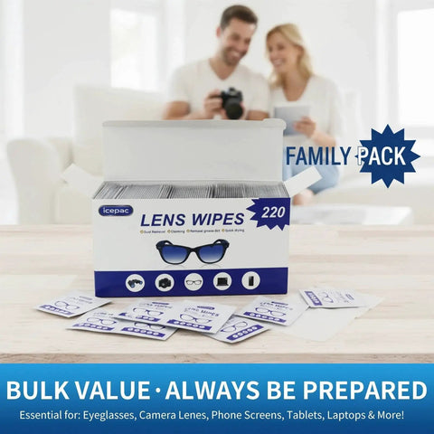 Family pack of Wrapped Lens Wipes For AntiReflective Coatings And SmudgeFree Clarity On The Go, shown in open box on table.