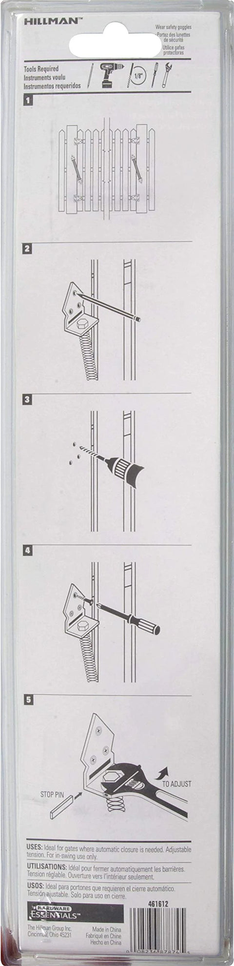 Self-closing gate spring, Hillman Hardware Essentials 851838, stainless steel, 12 in, adjustable tension, back-of-package