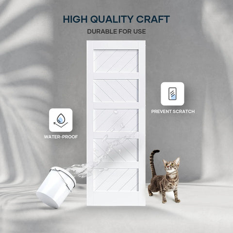 Front view of White 30x84 Inch Sliding Barn Door With 5.5 Ft Hardware Kit Included Solid MDF Slab With Waterproof Scratch Resistant PVC Surface DIY Easy Install Space Saving 5 Panel Door For Home And Apartment Renovations with water and cat nearby.