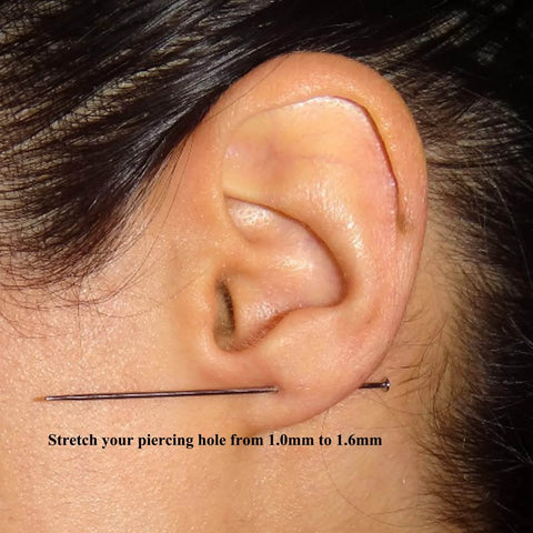 G23 Titanium Threadless Piercing Taper Kit for ear stretching shown in use, nickel-free hypoallergenic 16G taper in ear lobe.