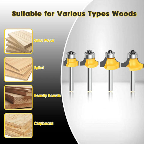 Four Piece Roundover Router Bit Set With 1/4 Inch Shank Industrial Grade C2 Carbide Bits For 1/8 1/4 3/16 5/16 Inch Cutting Diameters