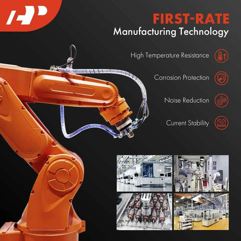 Orange industrial robotic arm highlighting manufacturing features and technology with images of a factory and machinery