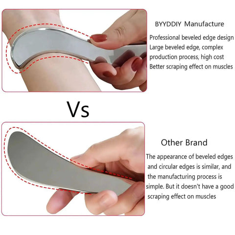 Comparison of Stainless Steel Gua Sha Muscle Scraper Tool For Deep Tissue Release with another brand, highlighting beveled edge design.