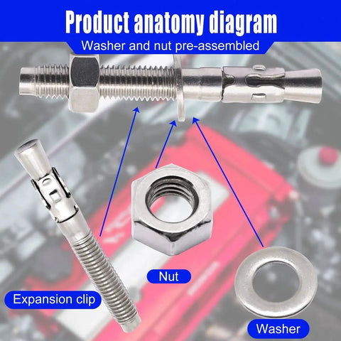 304 Stainless Steel Concrete Anchors Wedge Anchor Fasteners One Half Inch By Four Inch Pack Of 10 Heavy Duty Concrete Anchors with anatomy diagram, nut, and washer
