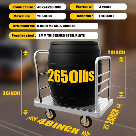 2IN1 48x24 Platform Truck Cart 2650lbs Heavy Duty Flatbed Dolly with a barrel loaded on it, showing dimensions and features.