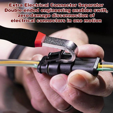 Close-up of 4 Piece Automotive Electrical Disconnect Pliers Set 37960 Straight 37980 60 Degree 13120 Dual Head in use on electrical connector.