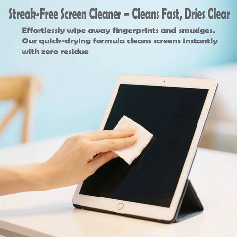 Person using Streak Free Lens Wipes For Glasses Phones And Cameras Quick Dry Safe For Coated on tablet screen