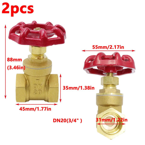2pcs brass gate valves with red wheel handles, DN20 3/4 inch female-threaded, for water oil gas