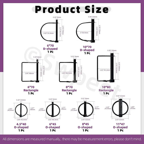 Heavy Duty Shaft Locking Pin Kit With 9 Pieces In 9 Sizes 3/16 In To 3/8 In Black Zinc Plated Round Square Arch Pins Product Size Chart