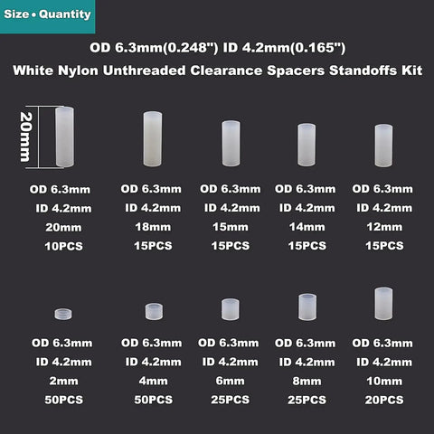 White Nylon Unthreaded Clearance Spacers And Standoffs Kit With 6.3mm Outer Diameter And 4.2mm Inner Diameter, various lengths shown
