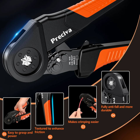 Ferrule Crimping Tool Kit With Self Adjusting Ratchet For AWG 28 To 5 0.08 To 16 Mm2 Close-up Showing Features and Grip
