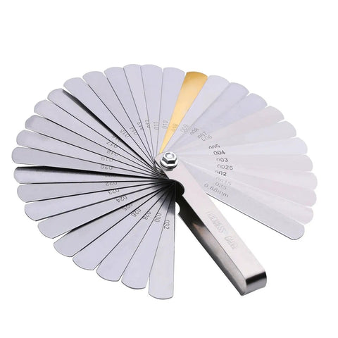 32 Stainless Steel Blades Feeler Gauge Dual Marked Metric And Imperial Gap Gauge showing fan view of all blades for precise clearance checks.