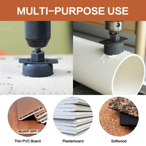 All-in-One Hole Saw Kit 19 Pcs By Axelord With 3/4 To 5 Inch Blades, Mandrels, Drill Bits, Installation Plate, Hex Key And Storage Case For Soft Wood Plastic PVC Drywall, 25mm Cutting Depth, Carbon Steel Black Coated in use on PVC pipe and softwood.