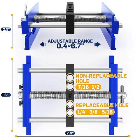 Upgraded 6.7 Inch Self Centering Doweling Jig Kit showing adjustable width, guide bushings, and size dimensions for panel drilling.