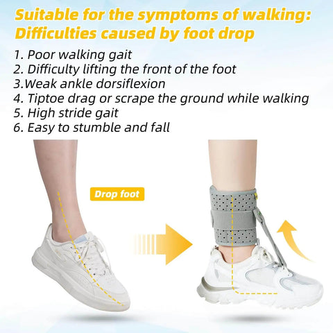 Foot drop ankle brace for poor walking gait, showing before and after with cushioned comfort, adjustable wrap compression, gray.