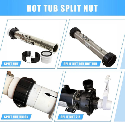 Spa hot tub heater split nut unions kit with screws and gasket; 2-inch heater assemblies with clamps (collage)