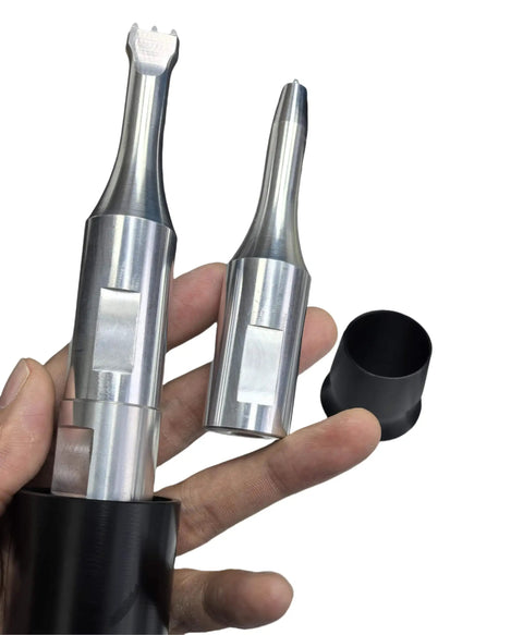 Beast Workhorse Ultrasonic Spot Welder components for thermoplastic textiles in hand, showing metal tips and black base