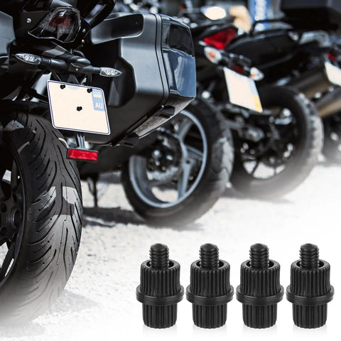 4 Pack 6mm Nylon License Plate Bolts And Nuts Kit with 25mm Screw Length for Cars, Trucks, Motorcycles, Bikes, showcasing bolts near vehicle license plates.
