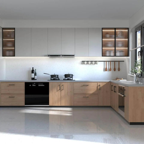 Modern kitchen with 10 Pack 5 Inch Matte Black Cabinet Pulls For Kitchen Cabinets, Dresser Drawers, And Cupboards, aluminum handles.