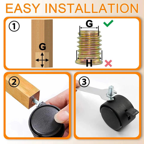 Diagram showing easy installation of 2 Inch Swivel Stem Casters With Locking Brakes For Furniture And Shelves AAGUT Black Replacement Caster Set