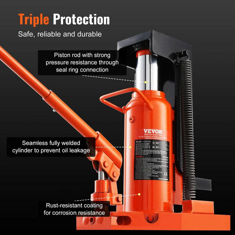 Side view of VEVOR orange hydraulic toe jack for machinery lifting with toe and top-lift capabilities.