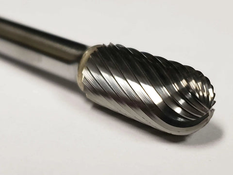 Close-up of 3/8 Inch SC-3 Ball Nose Cylinder Bur Single Cut Solid Carbide Rotary Tool Bit for precision metalworking.