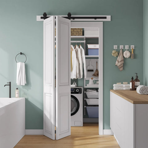 40 Inch Bifold Sliding Barn Door Hardware Kit For Double 18 Inch Doors, Top Mount Bi Folding Track Set, in a laundry room
