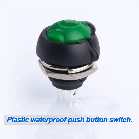 Close-up of green 12Mm Waterproof Momentary Push Button Switch from 15 pack with screw clamp terminals visible.
