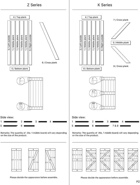 Z and K Series barn door kit installation guide with plank arrangement and side view, 36 Inch By 84 Inch DIY Solid Interior Barn Door Kit With Knotty Pine, Painted Dark Gray Finish, Includes 6 Foot Sliding Hardware, Quiet Smooth Rolling Tracks, Easy Adult Assembly, Hand Made In USA.