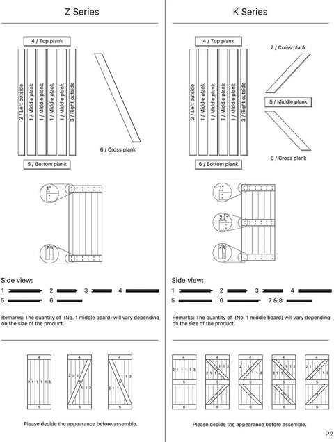 Diagram showing Z Series and K Series planks for DIY Knotty Pine Wood Double Sliding Barn Door With Hardware Kit For 60 X 84 Inch Opening Easy Install.