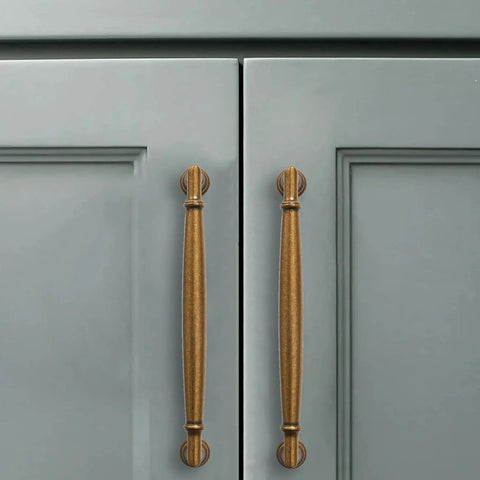 Antique Brass Cabinet Pulls 3-3/4 Inch 96mm 10 Pack Solid Zinc Alloy Heavy Duty Round Cabinet Pulls on grey cabinet doors