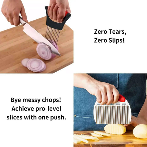 All In One Onion Holder And French Fry Cutter Set With Vegetable Chopper Meat Tenderizer And Wavy Potato Slicer shown in use.