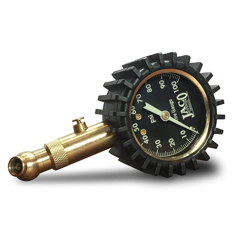 JACO Elite tire pressure gauge with brass body and black tire-tread rubber bezel, 0–100 psi dial