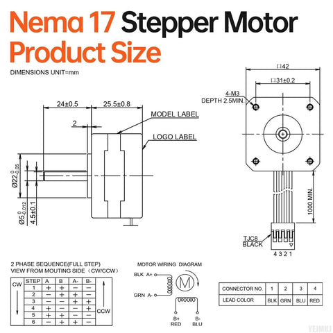 High Torque Nema 17 Stepper Motor Set For DIY 3D Printer And CNC Machines 1.8 Degree diagram showing product dimensions and wiring