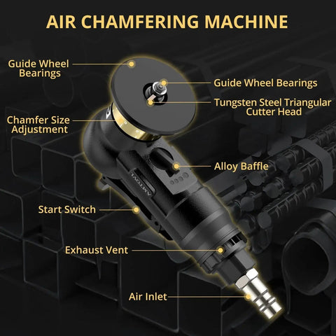 Ultra Compact Pneumatic Chamfering Tool Kit With Ten C Angle And Ten R Angle Blades Delivers Precise 0.1 To 0.5 Millimeter Right Angle Chamfers And 1.5 Millimeter Round Edge Chamfering For Metal And Wood, Speed Settings, 30,000 RPM, Quarter Inch Inlet