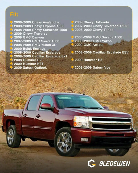 Red Chevy Silverado in desert setting with compatibility list for Pre Programmed Fuel Pump Flow Control Module Replacement For GM Trucks And SUVs Plug And Play No Fuss Install For 2007 2009 Chevy Silverado Colorado Suburban Tahoe Express GMC Sierra Yukon Savana And Cadillac Models